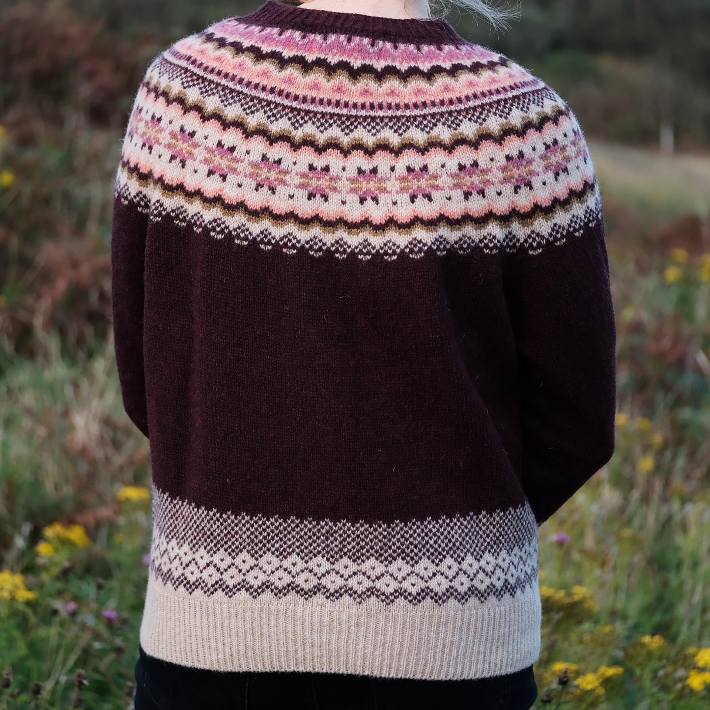Ladies Harley of Scotland Beetroot Lambswool Fairisle Crew Neck Sweater