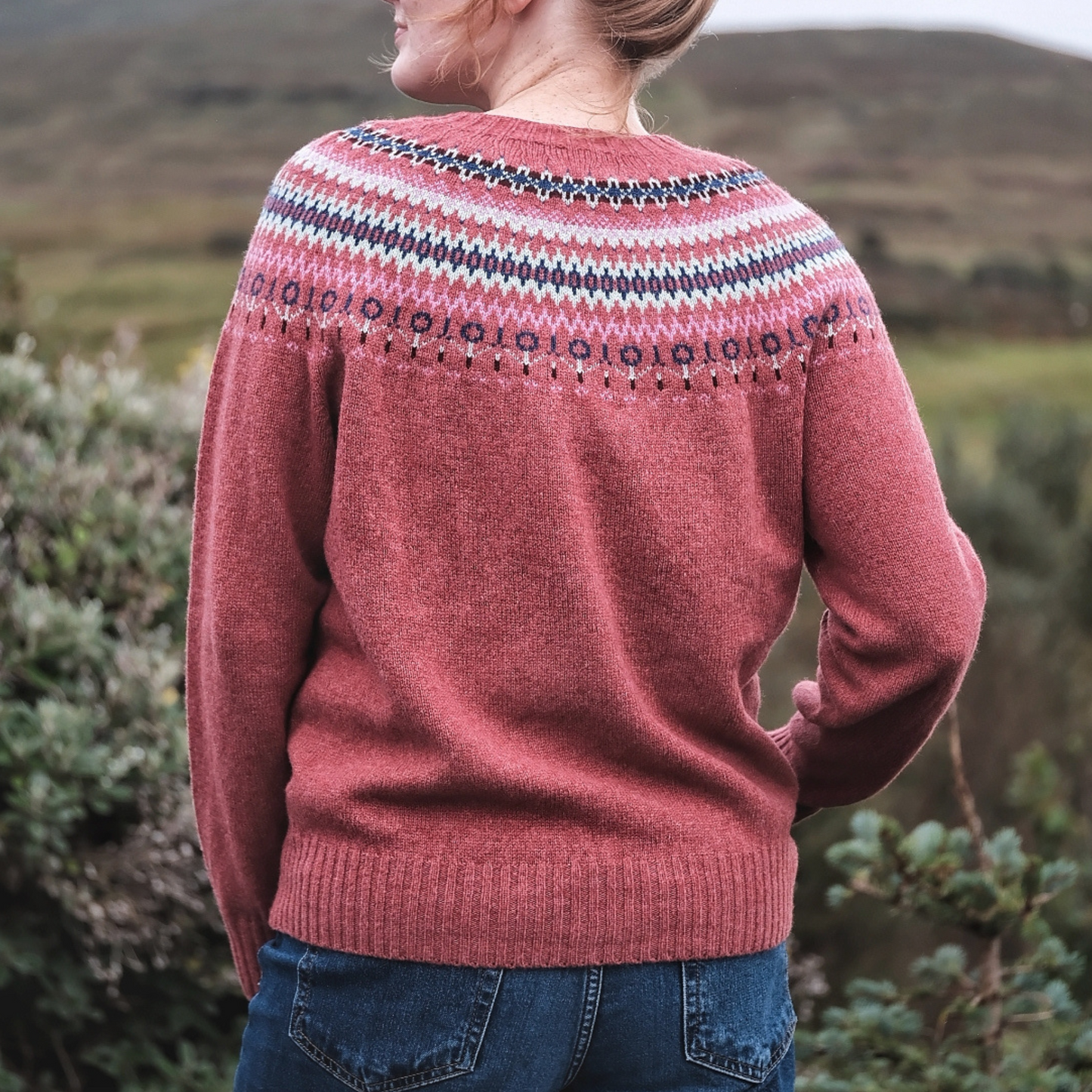 Ladies Harley of Scotland Cinder Lambswool Fairisle Crew Neck Sweater