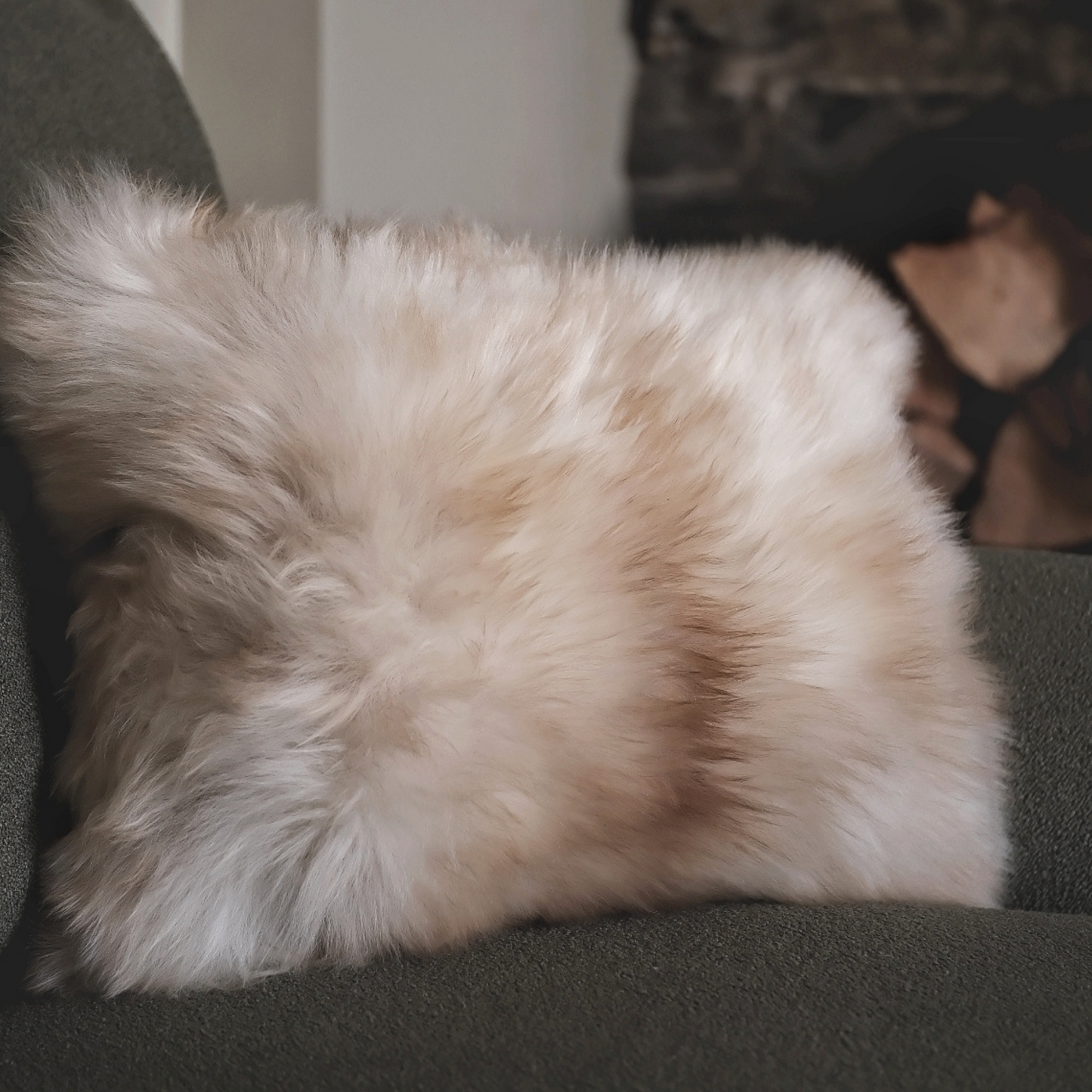Oblong Sheepskin Cushion in Cappuccino