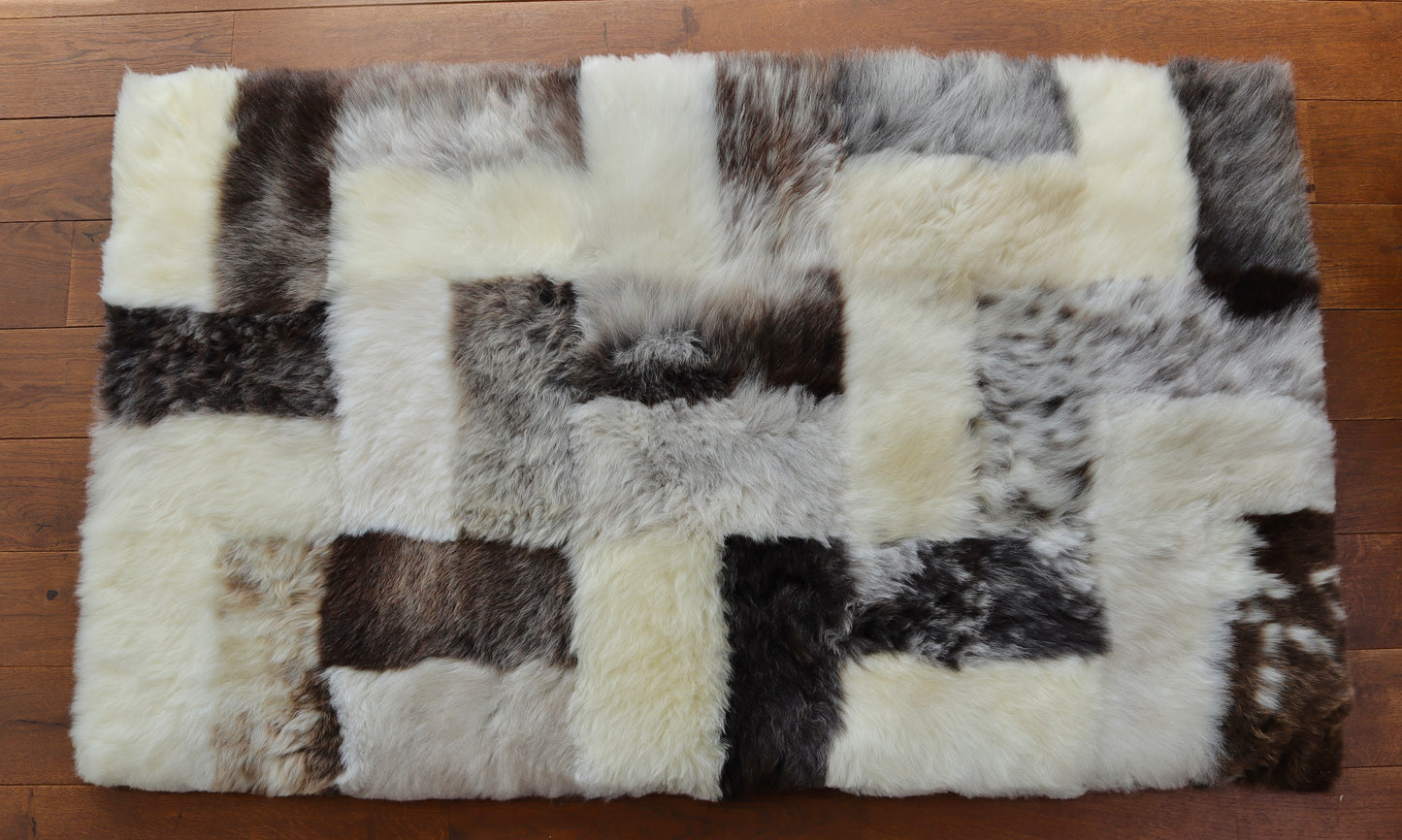 Brown, White and Grey Mosaic Sheepskin Rug - 5x3ft