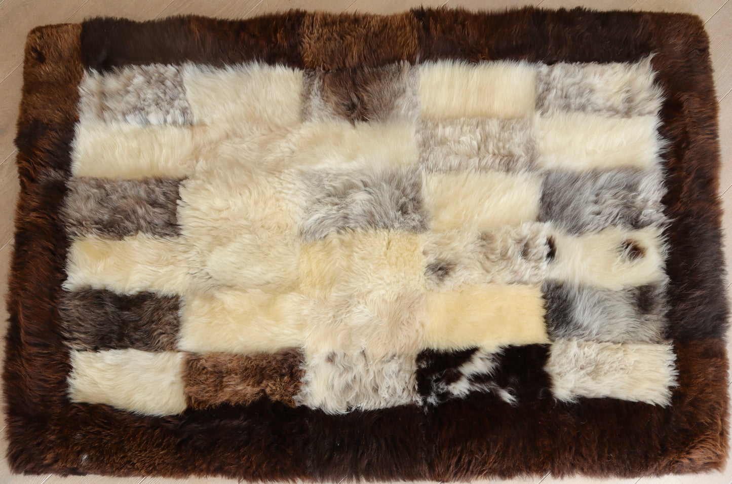 Brown, White and Grey Mosaic Sheepskin Rug - 6x4ft