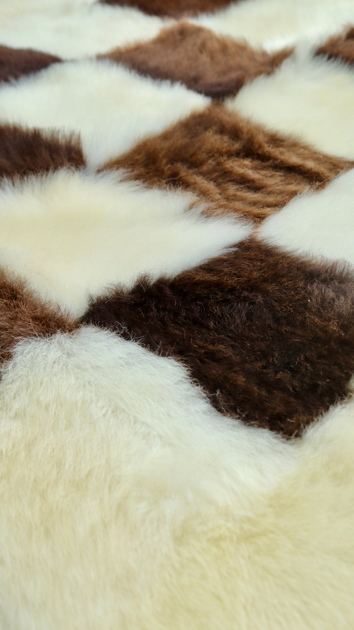 Brown and Cream Square Checked Mosaic Sheepskin Rug with Border- 5x3ft