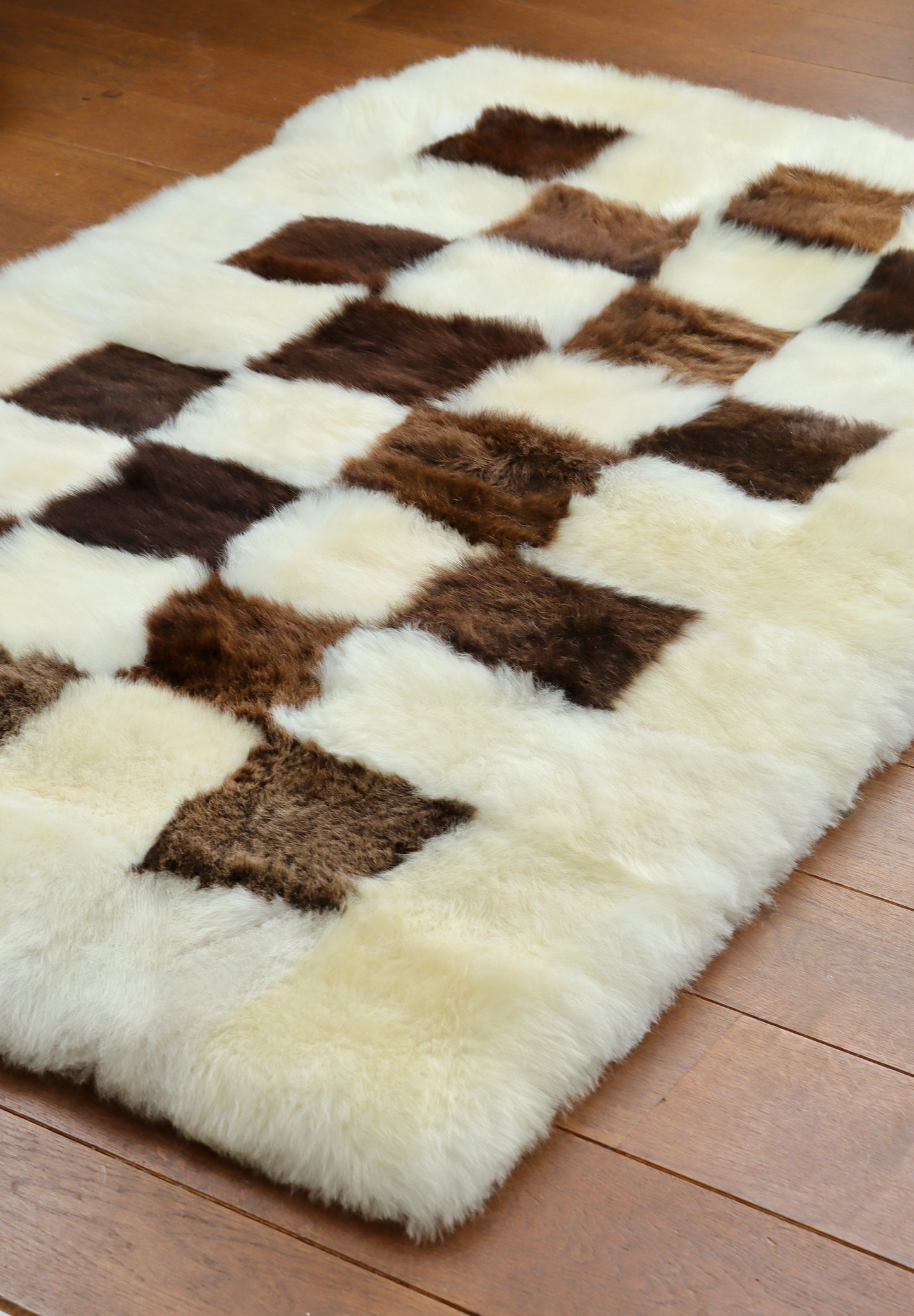 Brown and Cream Square Checked Mosaic Sheepskin Rug with Border- 5x3ft