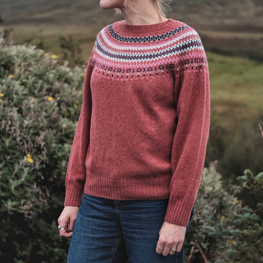 Ladies Harley of Scotland Cinder Lambswool Fairisle Crew Neck Sweater