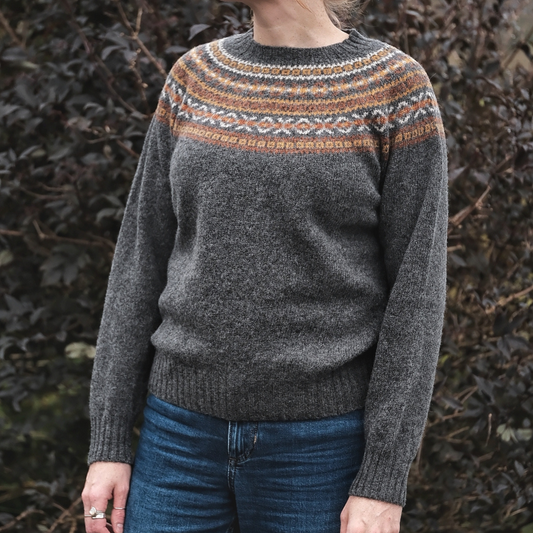Ladies Harley of Scotland Basalt Lambswool Fairisle Crew Neck Sweater