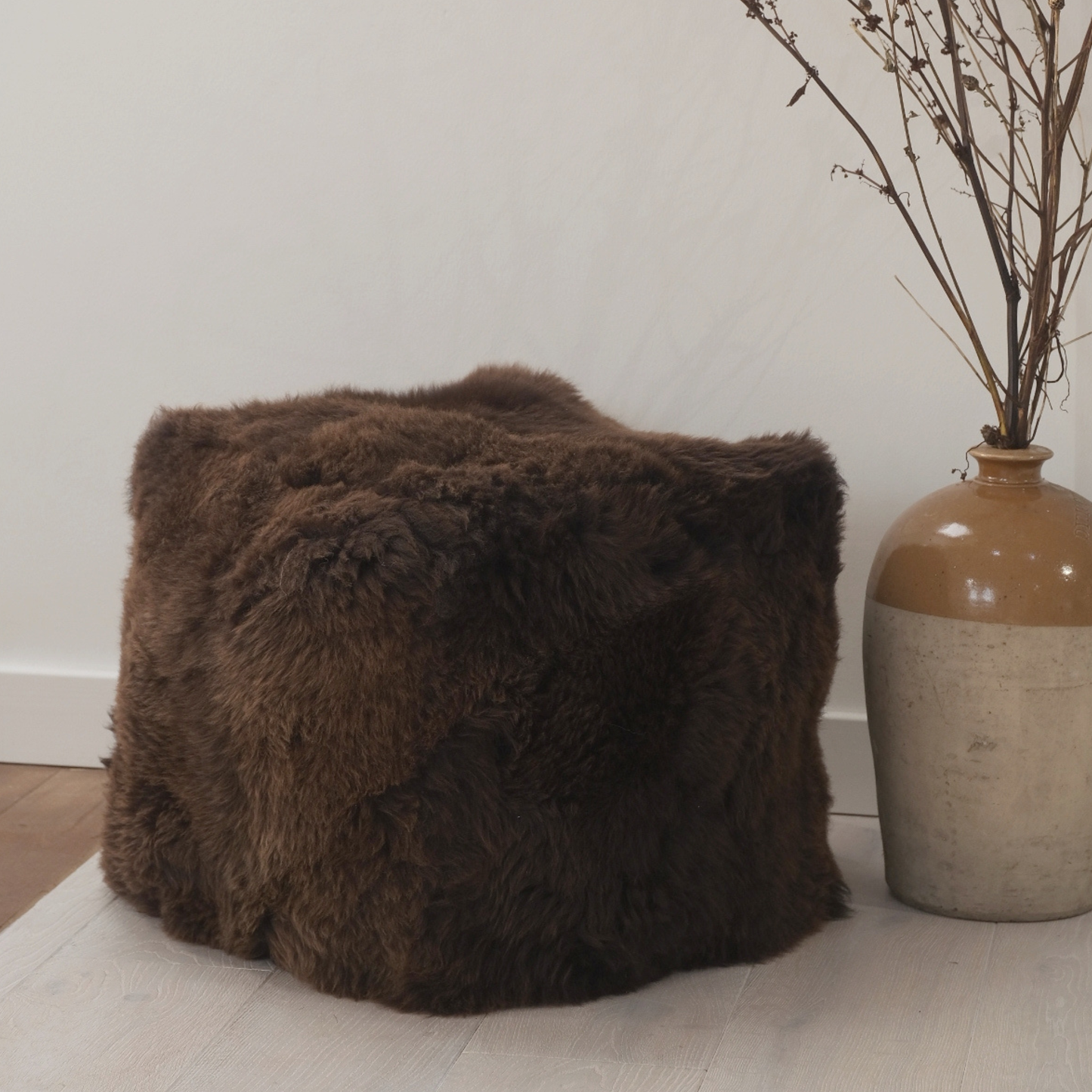 Tall Square Sheepskin Pouffe in Brown