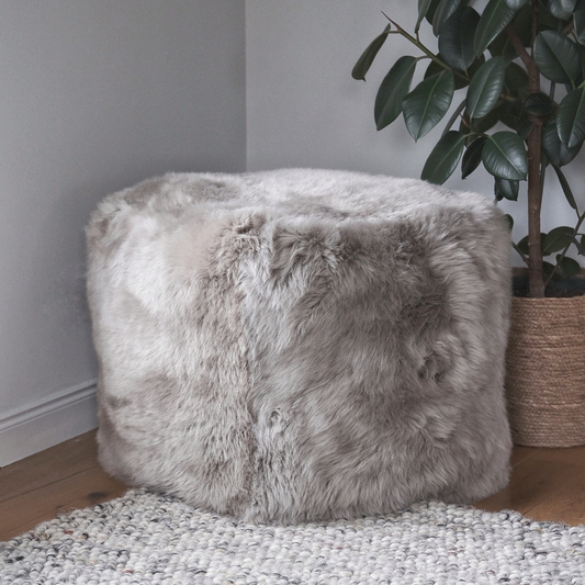 Tall Square Sheepskin Pouffe in Taupe Grey