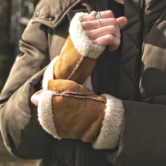 Fingerless Lambskin Mitts in Tan or Brown
