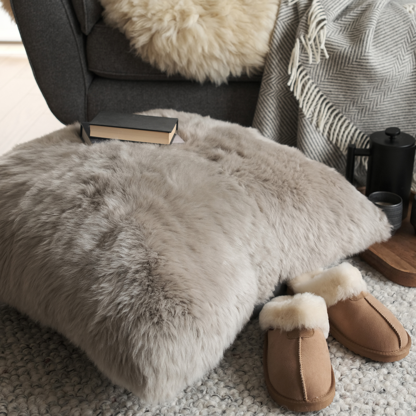 Sheepskin Floor Cushion In Taupe Grey