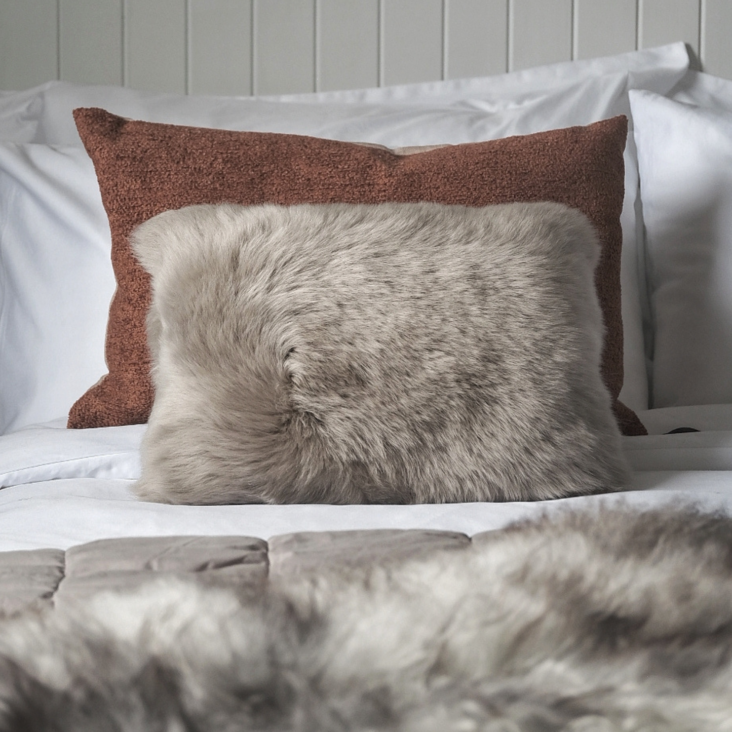 OBLONG SHEEPSKIN CUSHION (IN NATURAL WHITE/IVORY, BROWN OR TAUPE GREY)