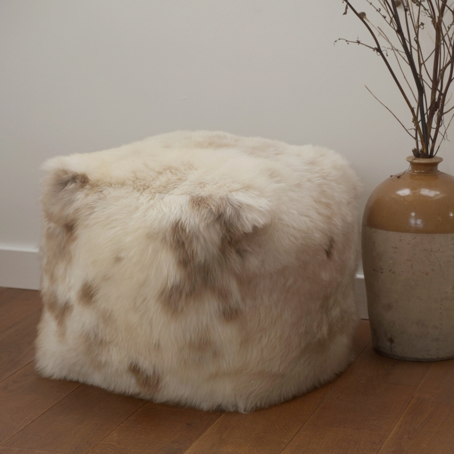 Tall Square Sheepskin Pouffe in Cappuccino