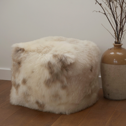 Tall Square Sheepskin Pouffe in Cappuccino