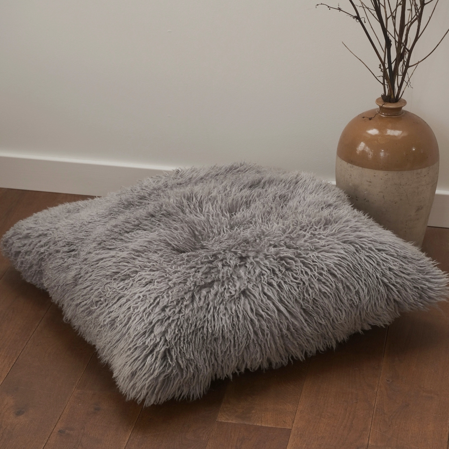Floor Cushion in Curly Grey Sheepskin