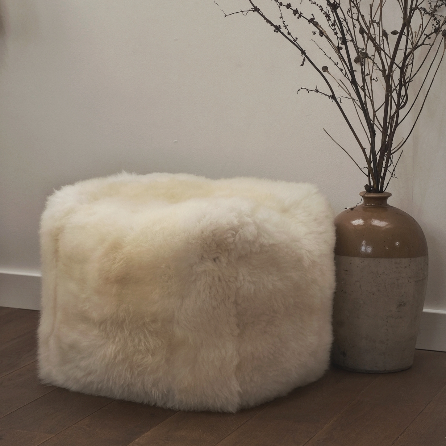 Tall Square Sheepskin Pouffe in Natural White