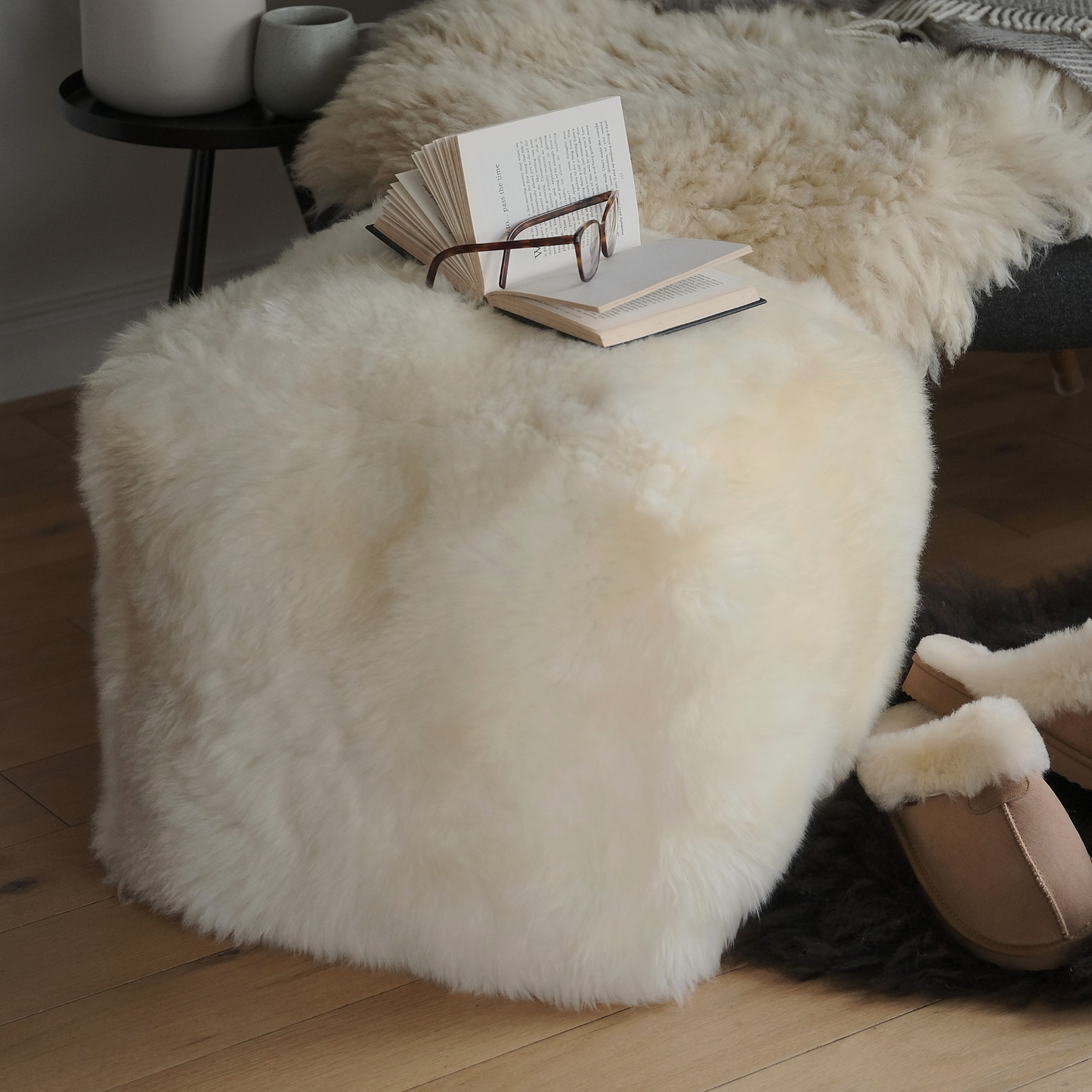 Tall Square Sheepskin Pouffe in Natural White