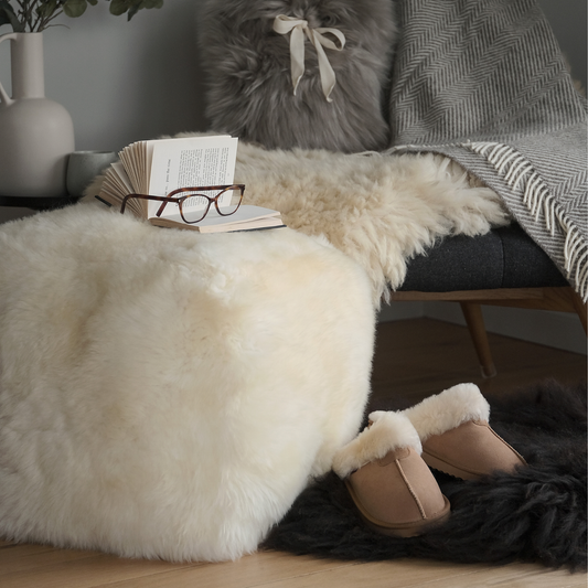 Tall Square Sheepskin Pouffe in Natural White