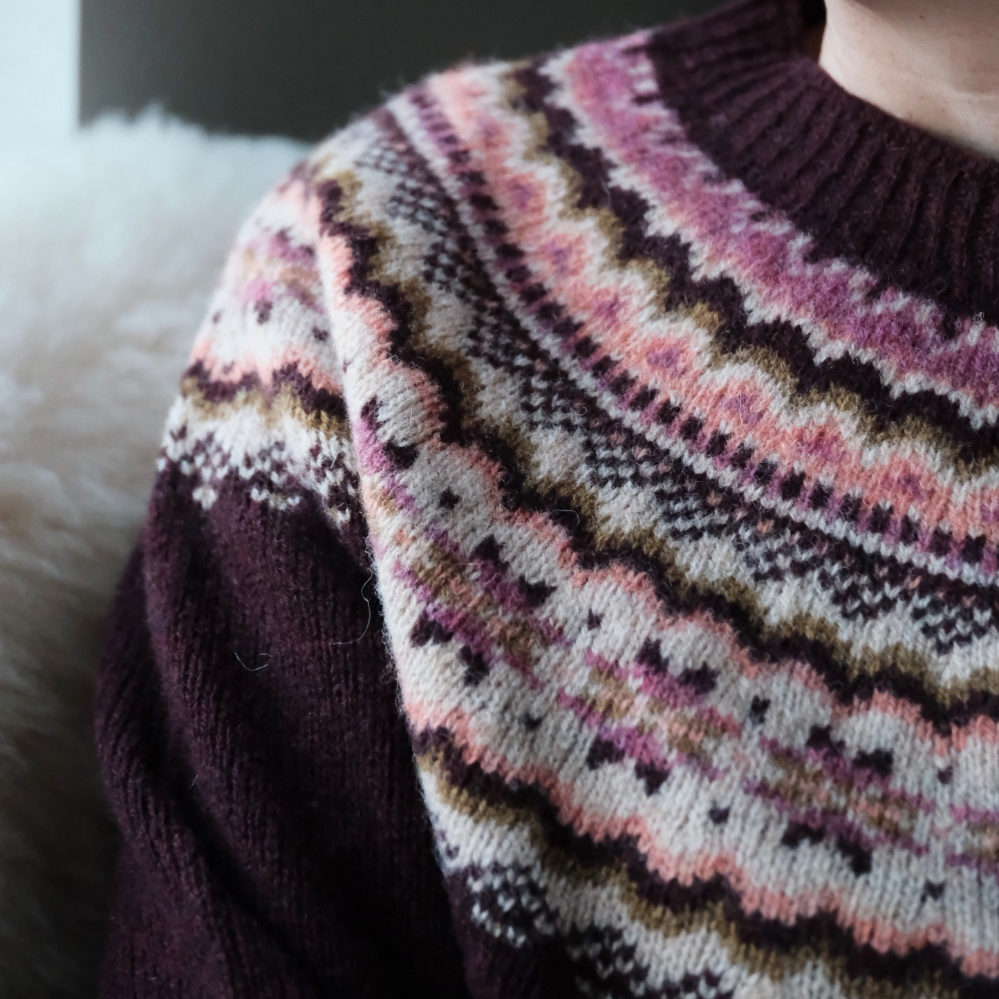 Ladies Harley of Scotland Beetroot Lambswool Fairisle Crew Neck Sweater