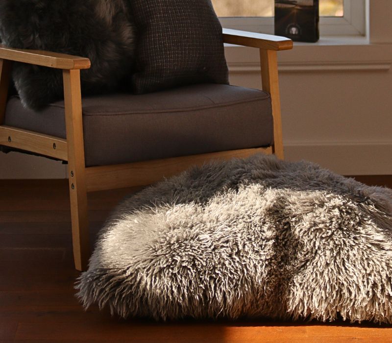 Floor Cushion in Curly Grey Sheepskin