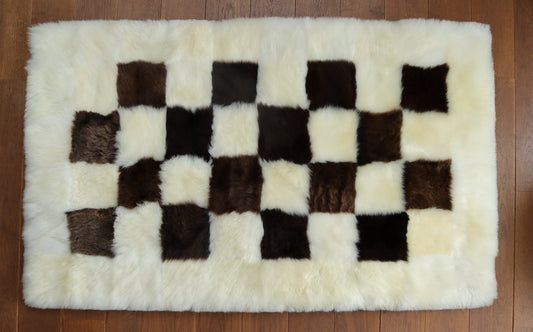 Brown and Cream Square Checked Mosaic Sheepskin Rug with Border- 5x3ft