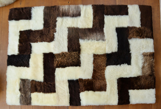 Brown and Cream Zig Zag Mosaic Sheepskin Rug - 6x4ft