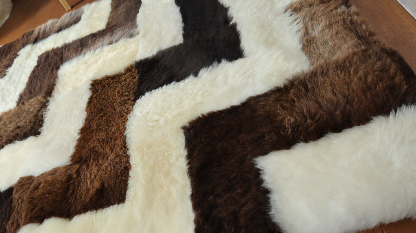 Brown and Cream Zig Zag Mosaic Sheepskin Rug - 6x4ft