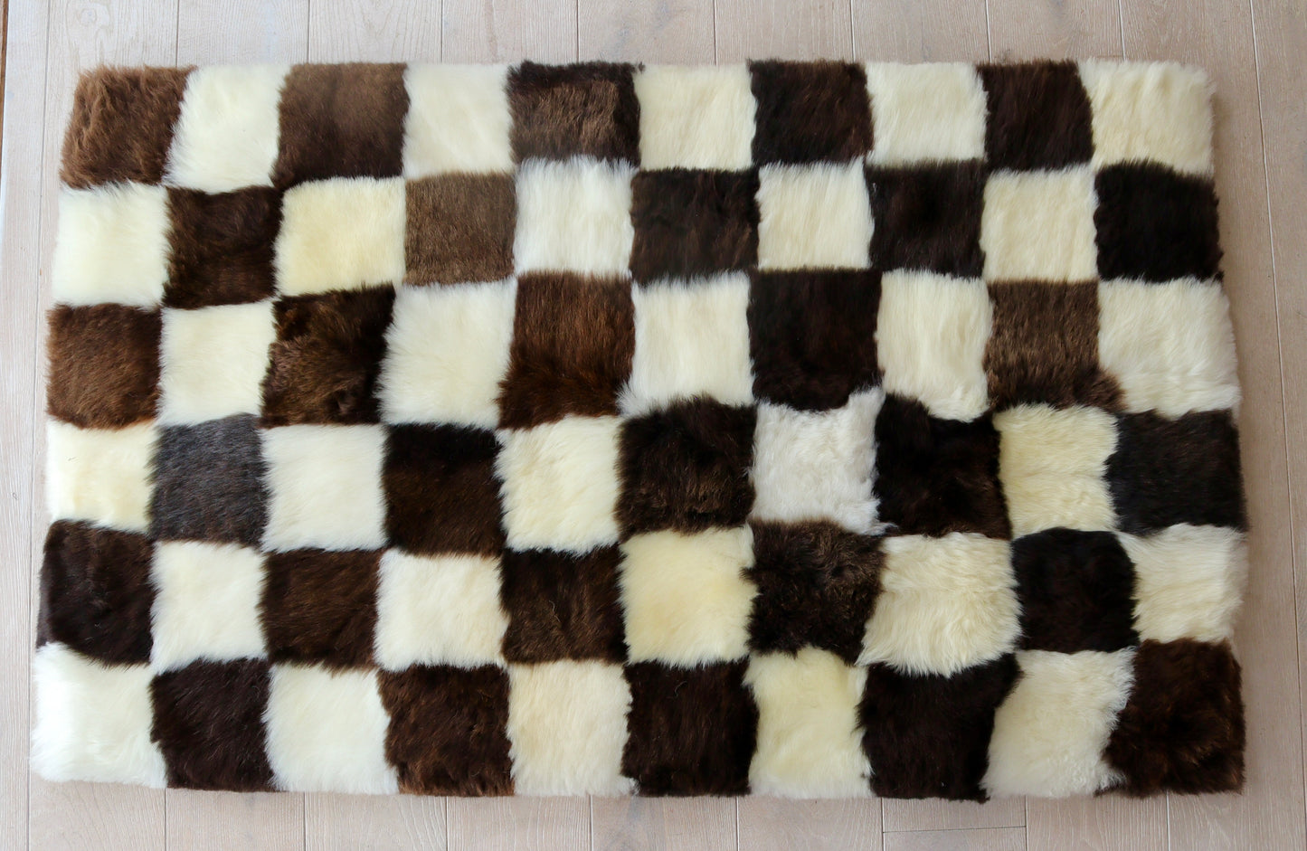 Brown and Cream Square Checked Mosaic Sheepskin Rug - 5x3ft