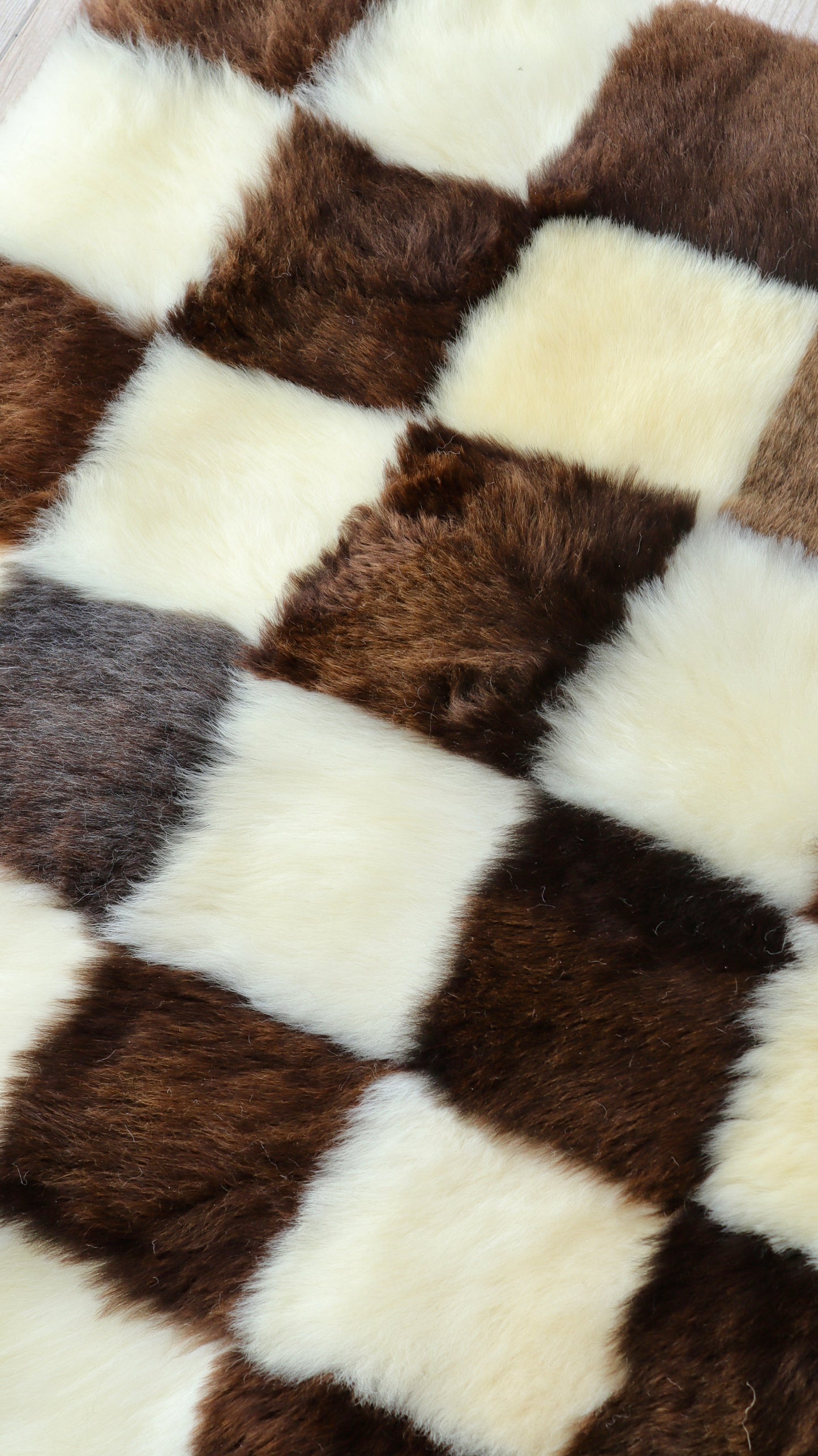 Brown and Cream Square Checked Mosaic Sheepskin Rug - 5x3ft