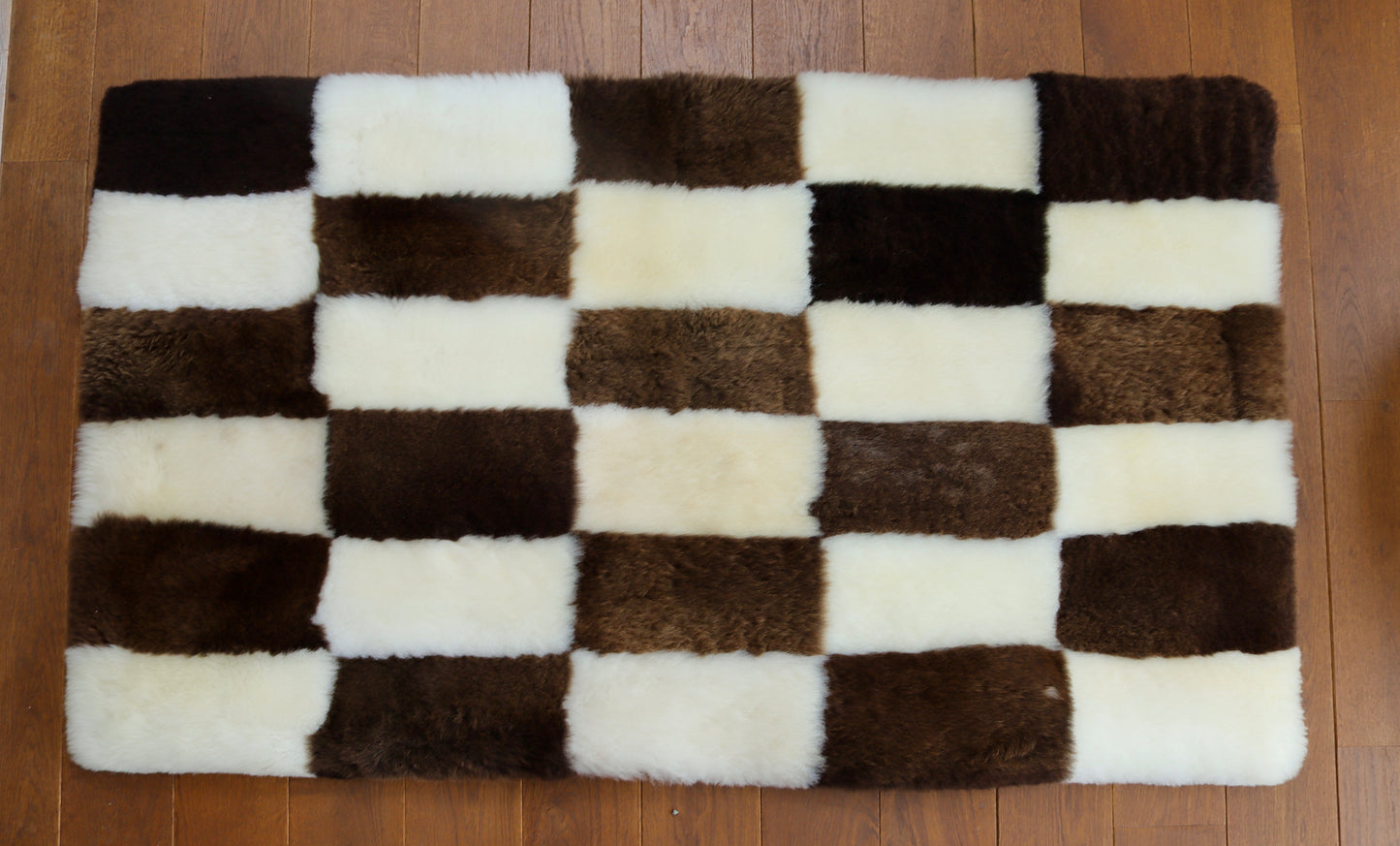 Brown and Cream Rectangular Checked Mosaic Sheepskin Rug - 5x3ft