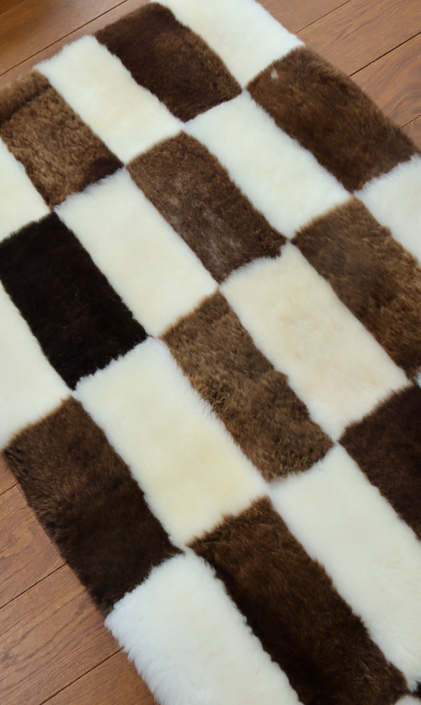 Brown and Cream Rectangular Checked Mosaic Sheepskin Rug - 5x3ft