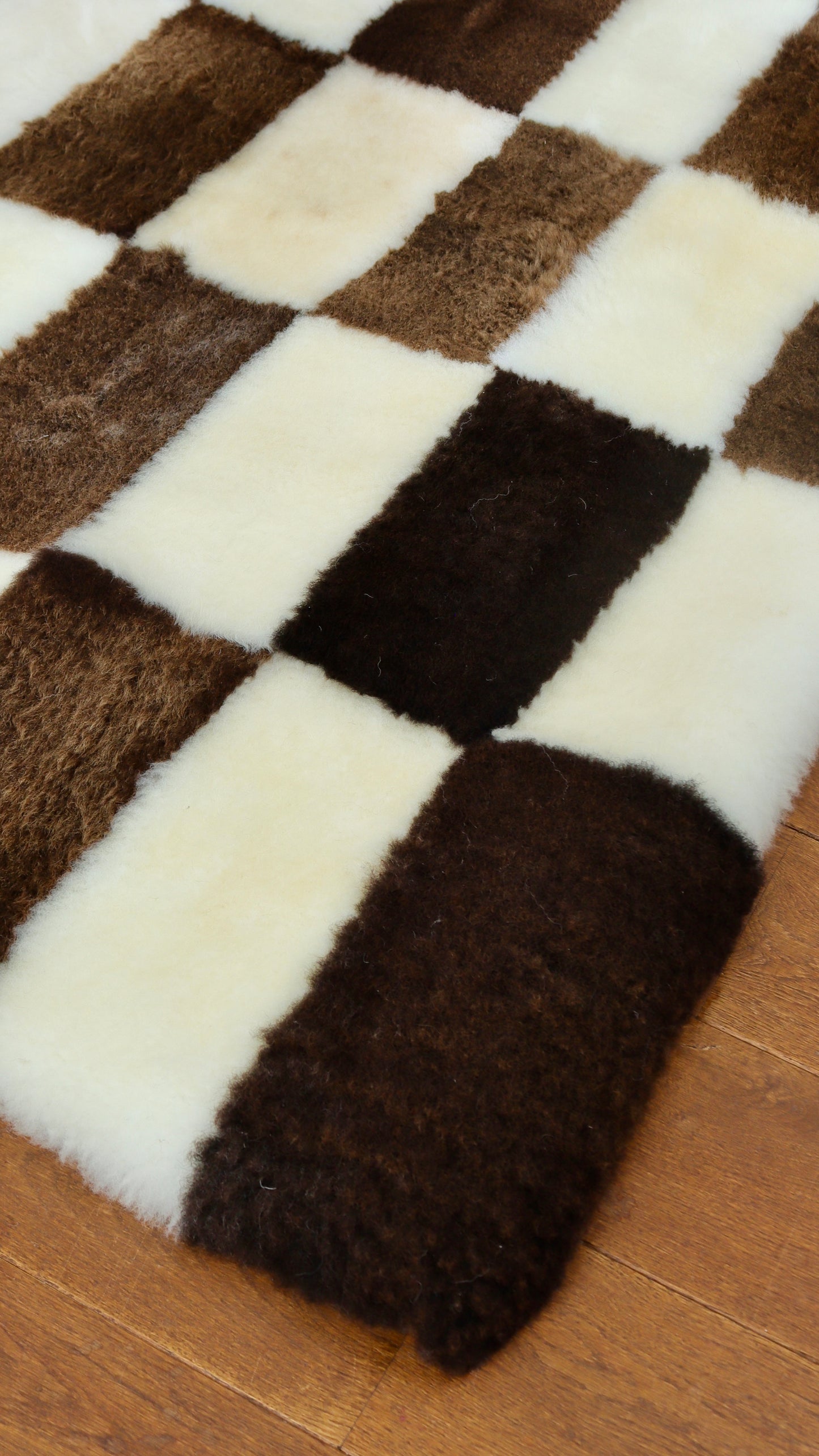 Brown and Cream Rectangular Checked Mosaic Sheepskin Rug - 5x3ft